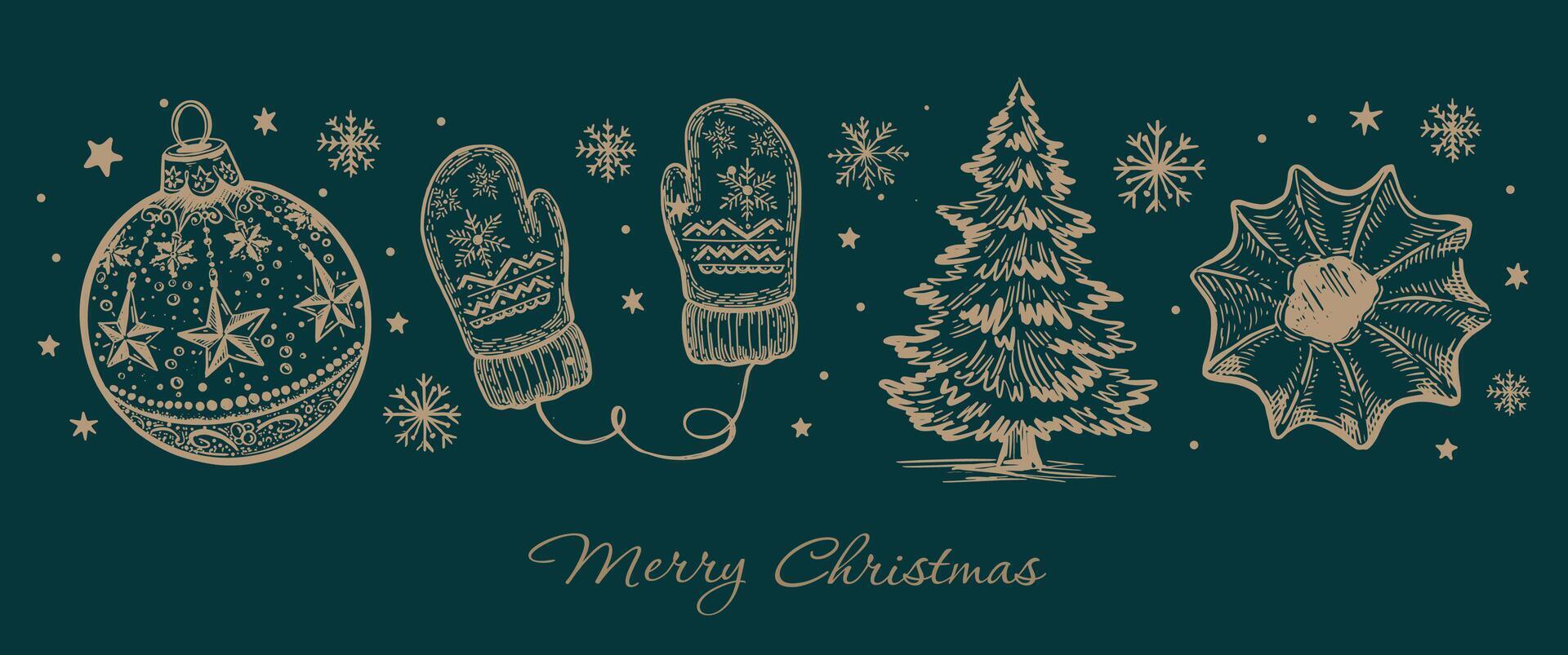 Christmas toy, ball, tree, set, Hand drawn illustration vector