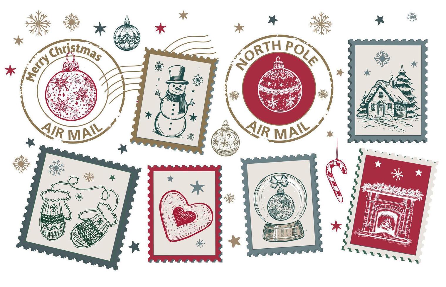 Advent calendar, Christmas Stamps, mail, postcard hand drawn illustrations. vector