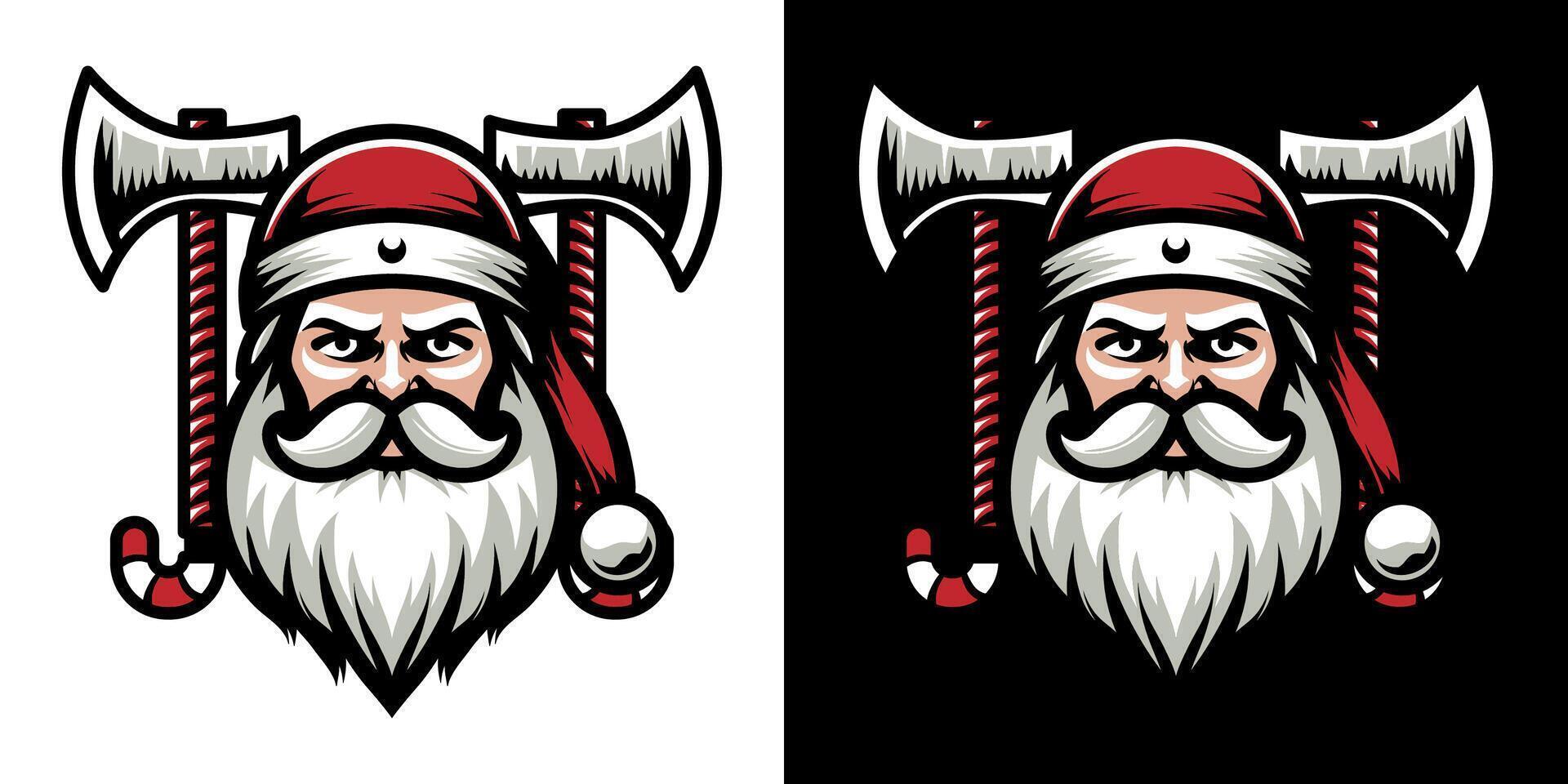 Santa Claus in viking helmet and axe element illustration. Isolated on black background. Medieval element for Christmas holiday. Eps 10. vector