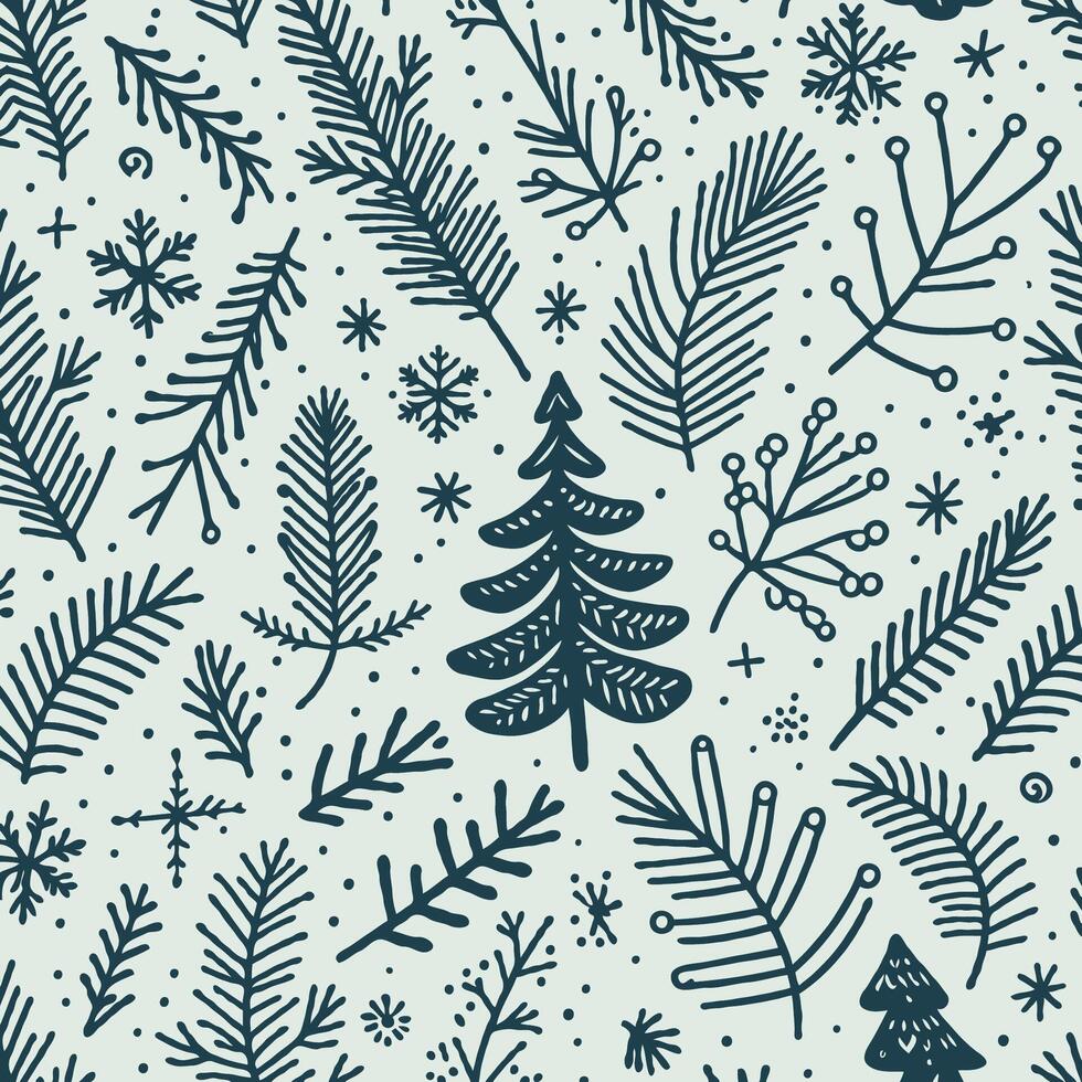 Doodle Fir Branches, Coniferous Tree, Linear Pine Cones, Pine, Background with Christmas Pattern, Patterned Christmas Background. vector