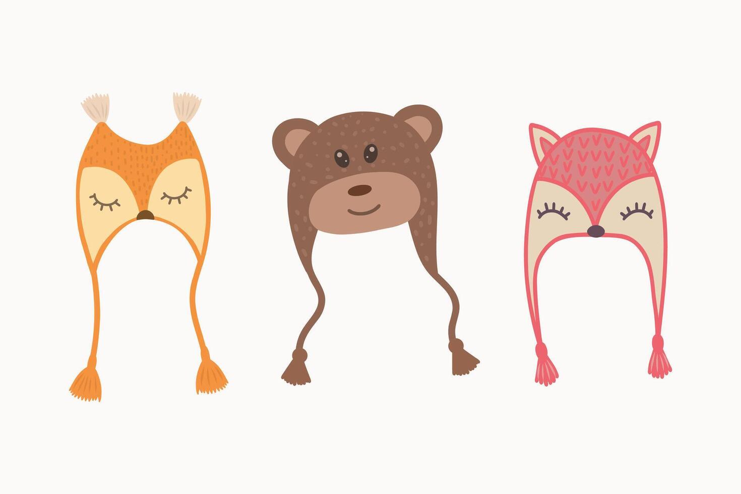 Knitted winter hats in the form of a bear, fox and owl. bright hats, winter and autumn accessories. Hats with earflaps with a bear, an owl and a fox. Children's clothing. A symbol of Christmas vector