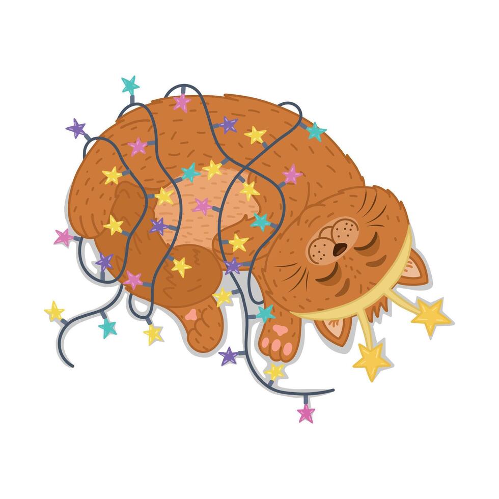 A cute cat got tangled in a garland of lights. A template for the design of a Christmas card. A flat illustration.Merry Christmas and Happy New Year. illustration in a flat style vector