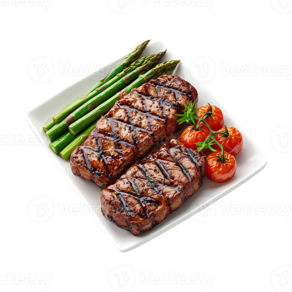 Grilled Steak with Asparagus and Tomatoes on Plate png