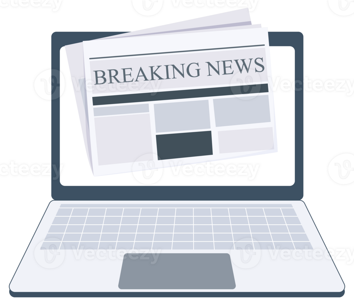 Breaking News newspaper on laptop screen. Black and white newspaper layout. png