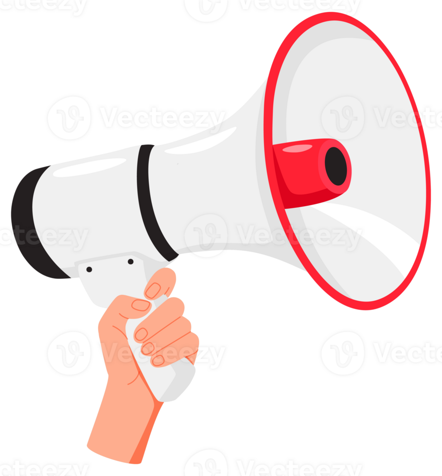 Hand hold megaphone speaker for announce. Attention please. Shouting people, advertisement speech symbol. png