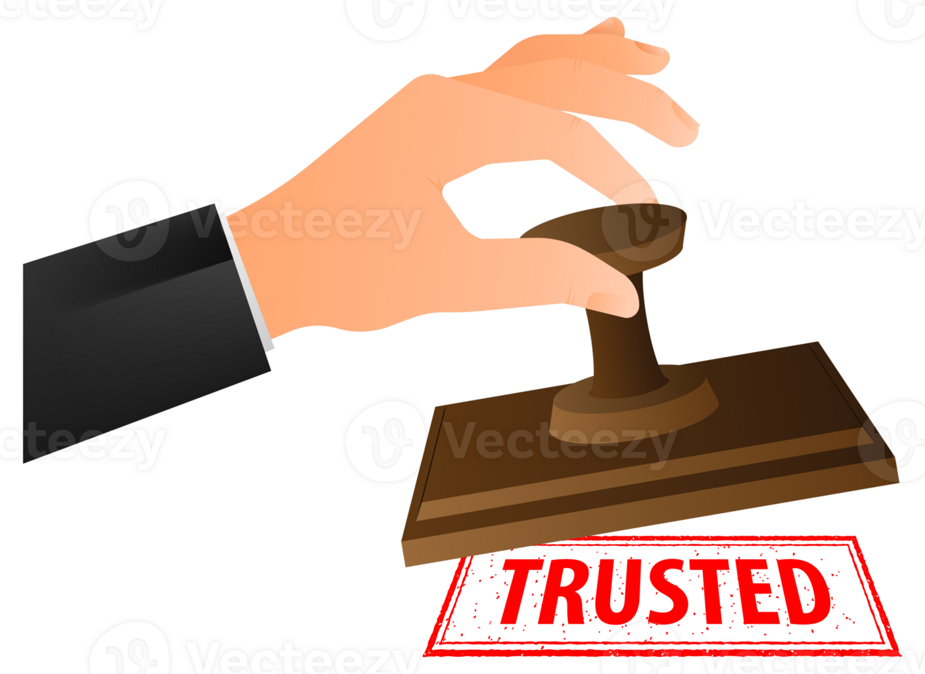 Hand is stamping a red seal that says Trusted. Grunge vintage Trusted square stamp png