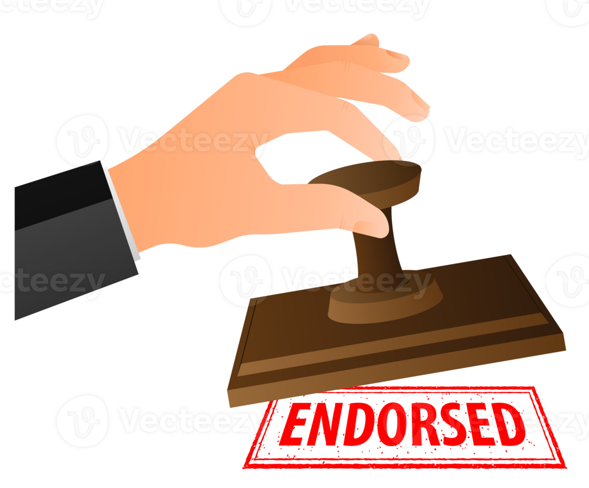 Hand is stamping a red seal that says Endorsed. Grunge vintage Endorsed square stamp png