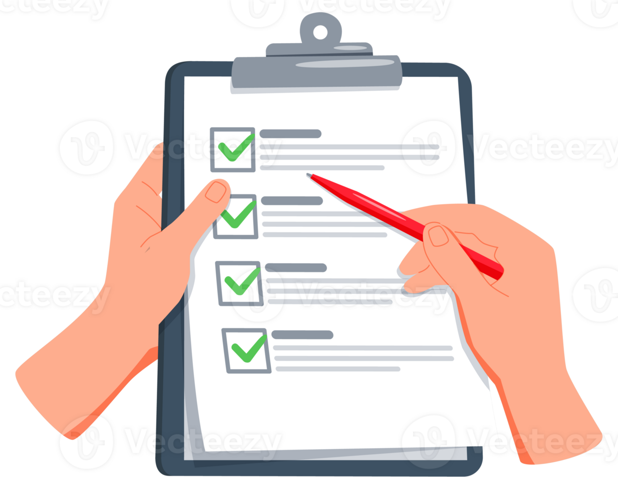 Hand holding a clipboard with a red pen and checking off items on a list. png