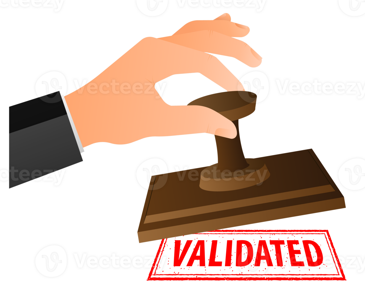 Hand is stamping a red seal that says Validated. Grunge vintage Validated square stamp png