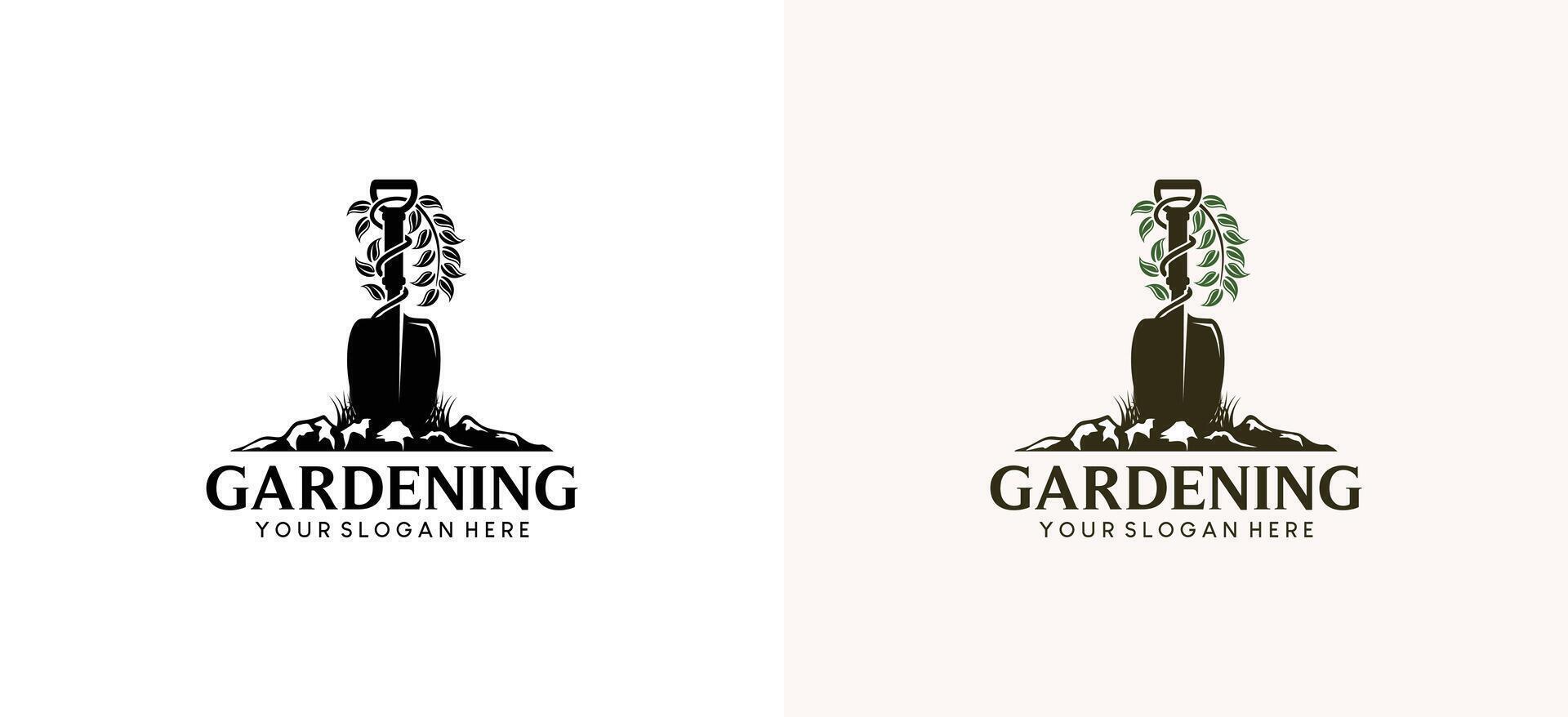 design of gardening tools and plants, gardening logo garden shovel stuck in the ground vector