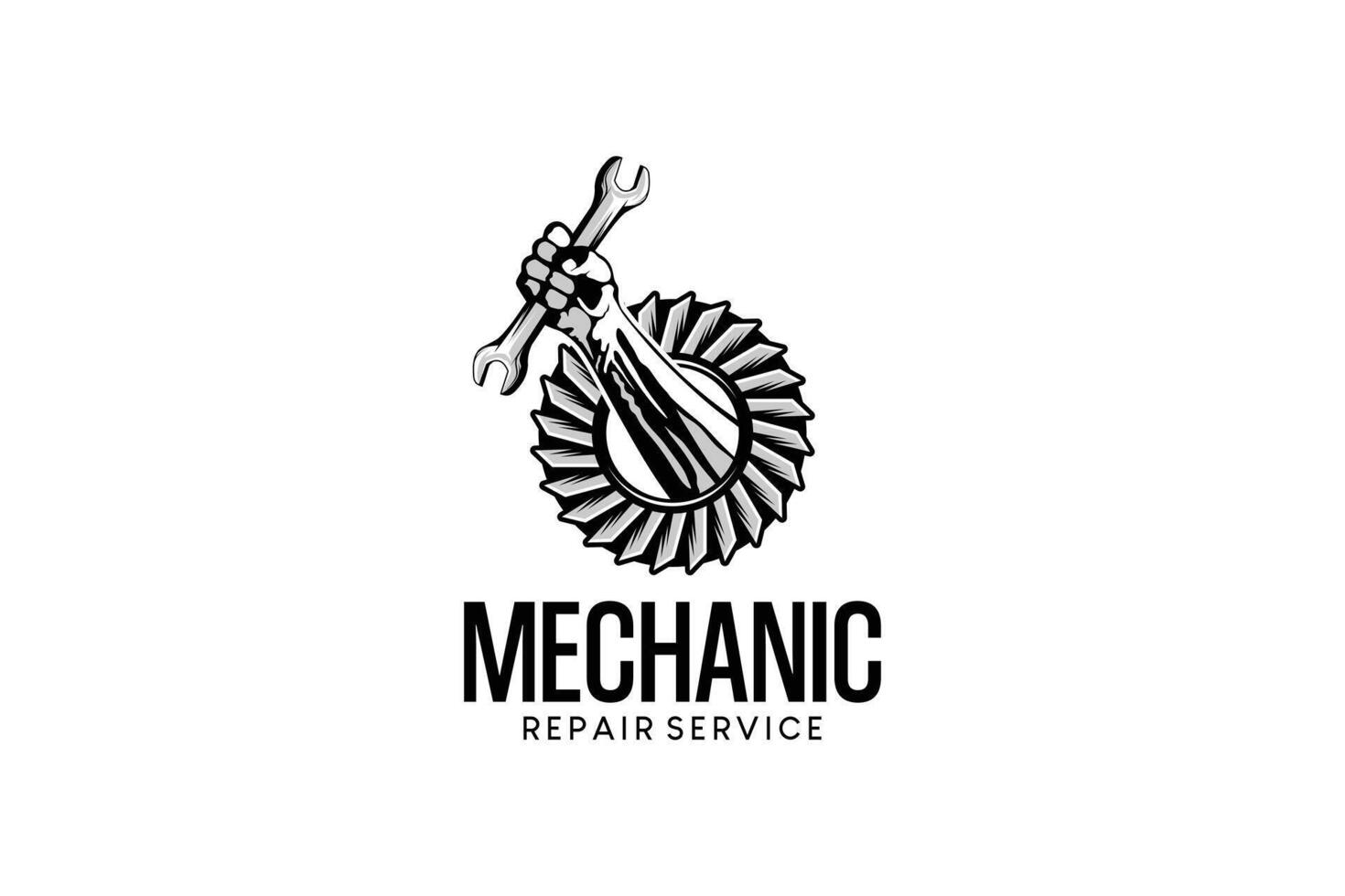 hand holding a wrench firmly in a gear for mechanic logo design, machine repair service vector