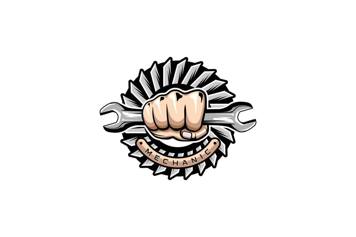 of hand holding a wrench for mechanic logo design, machine repair service vector
