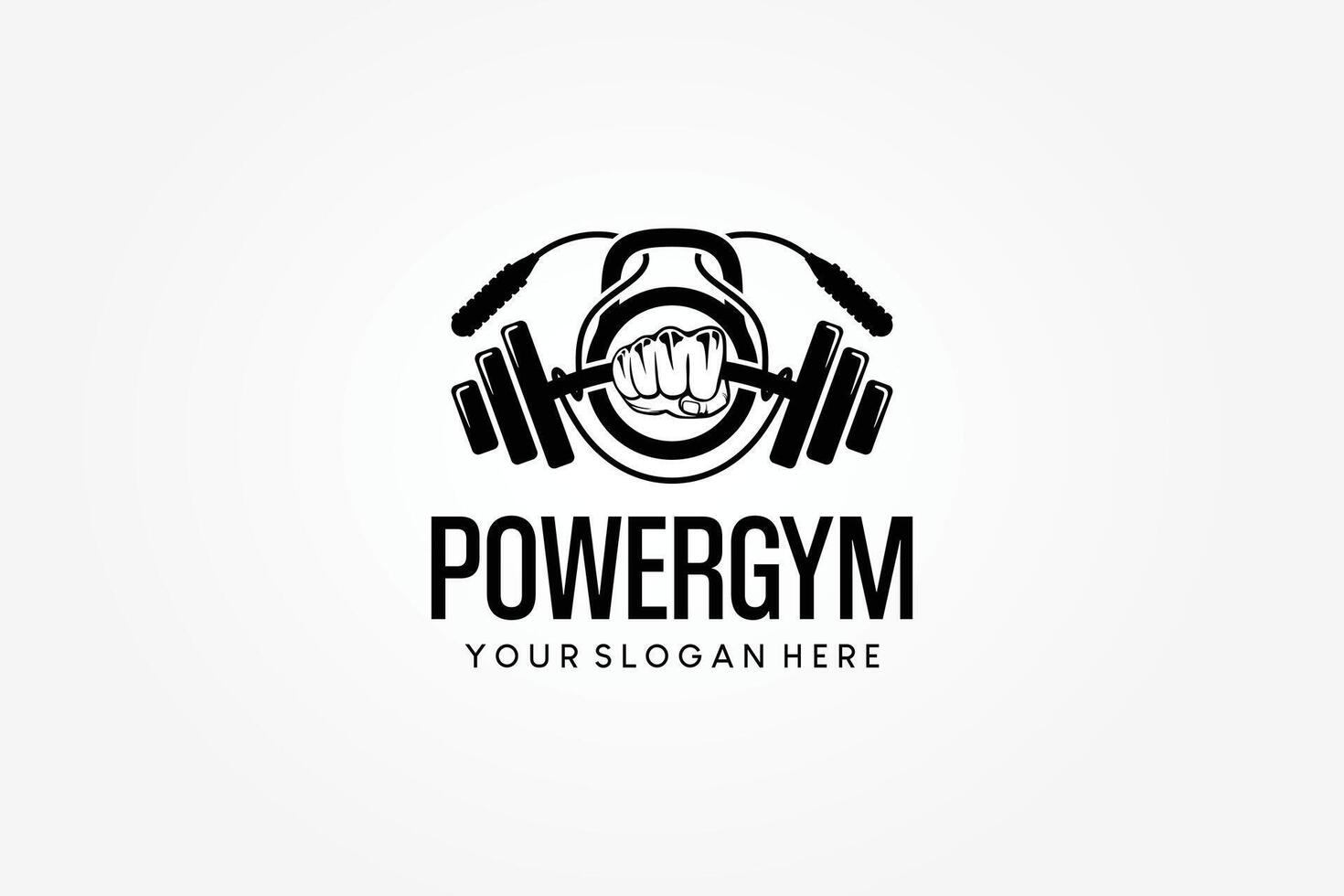 Fitness and gym logo design with steel dumbbell, kettlebell and skipping symbols vector
