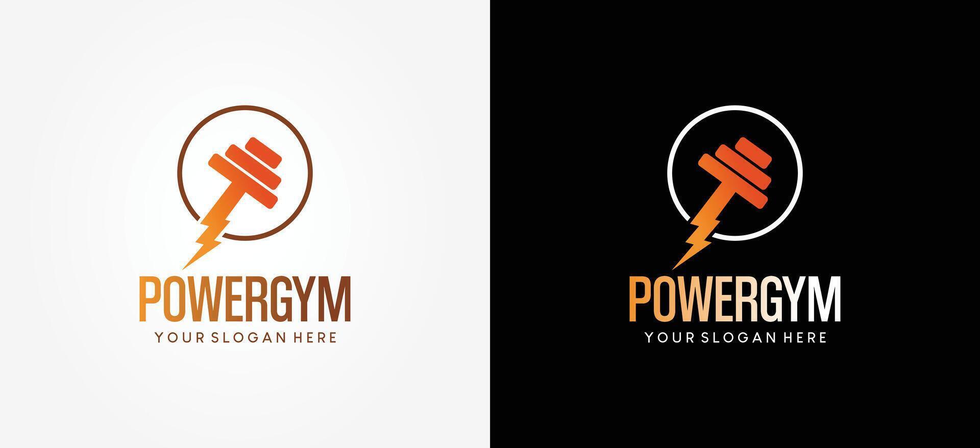 Gym and fitness logo design with iron dumbbells symbol of power thunder icon vector
