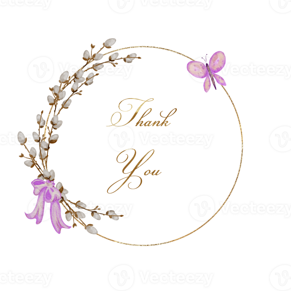 Watercolor Easter Wreath with inscription Thank you, and Willow Branches for Invitation png