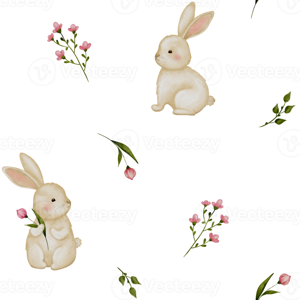 Happy Easter Bunny Seamless Pattern. Floral Meadow Design for Seasonal Cards and Fabric png