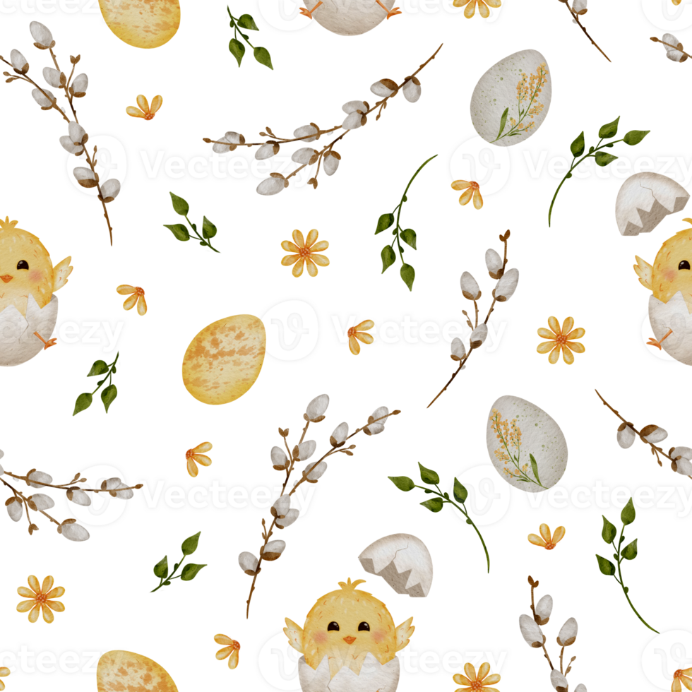 Happy Easter Egg and Chick Pattern with Colorful Flowers, Cartoon Farm Animal Illustration png