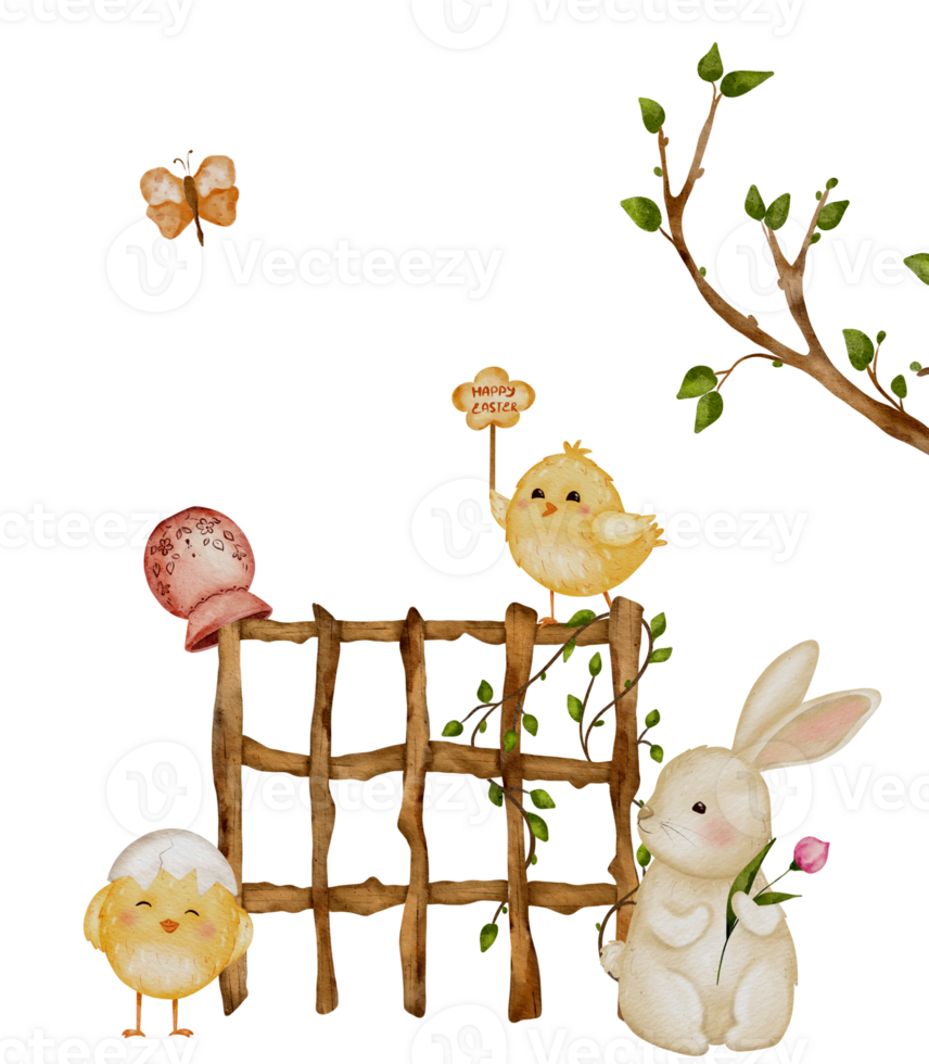 Floral Farm Friends. Funny Bunny and Chickens Cartoon for Easter Card Design png
