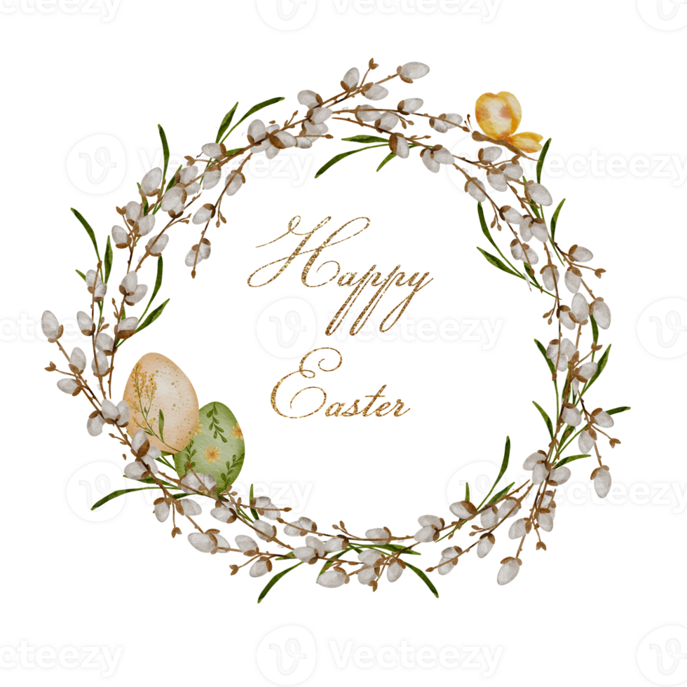 Spring Wreath Design with Hand-Drawn Flowers, Pastel Eggs, and Elegant Floral Elements for Greeting Card png