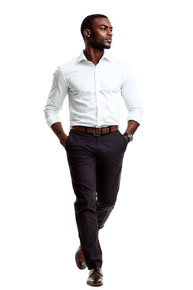 black man in a relaxed stride, hands in his pockets, walking confidently across a clean transparent background png