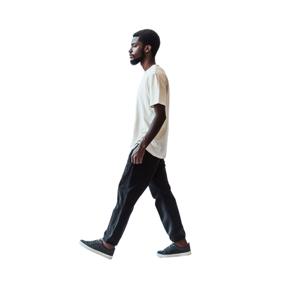 black man casually walking, wearing a simple outfit and looking straight ahead, with a transparent background emphasizing his movement png