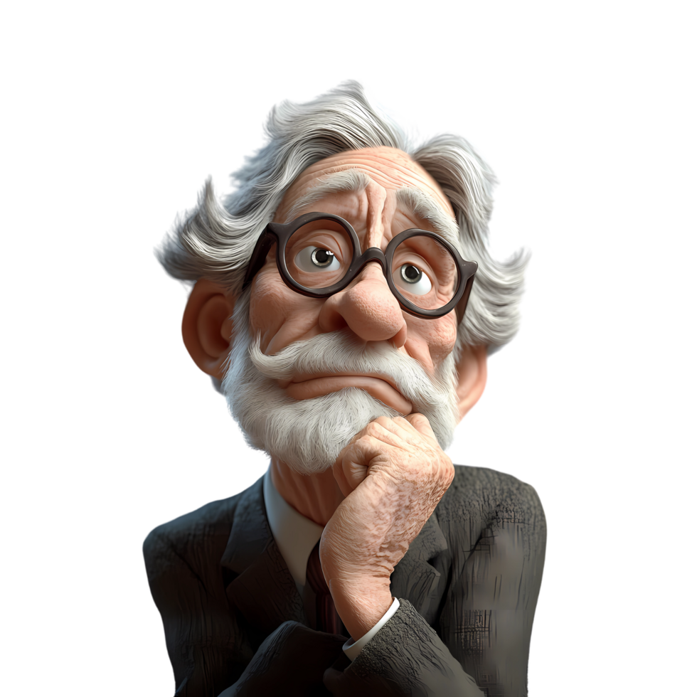 A 3D cartoon style old man with a thoughtful expression, resting his chin on his hand as he looks upwards, as if deep in thought. The transparent background keeps the focus on his questioning demeanor png