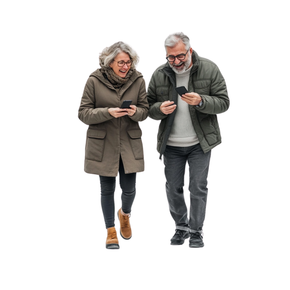 A smiling older couple, arm in arm, walking while the man holds a phone in his hand. Both are laughing as they share a moment together, with a clean transparent background behind them png