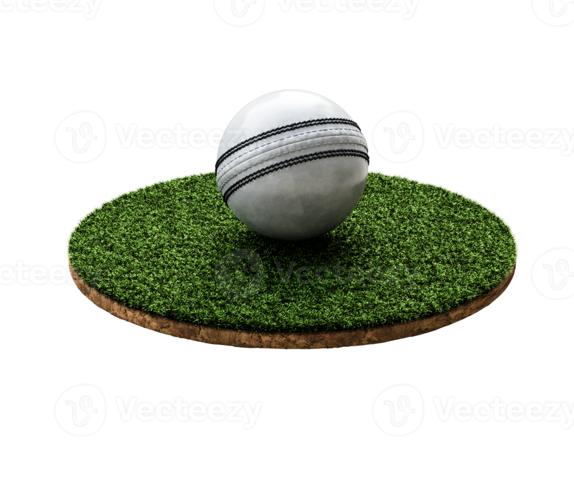 Shiny White Leather Stitched ODI Cricket Ball With Rounded Green Grass Ground Field 3D Illustration png