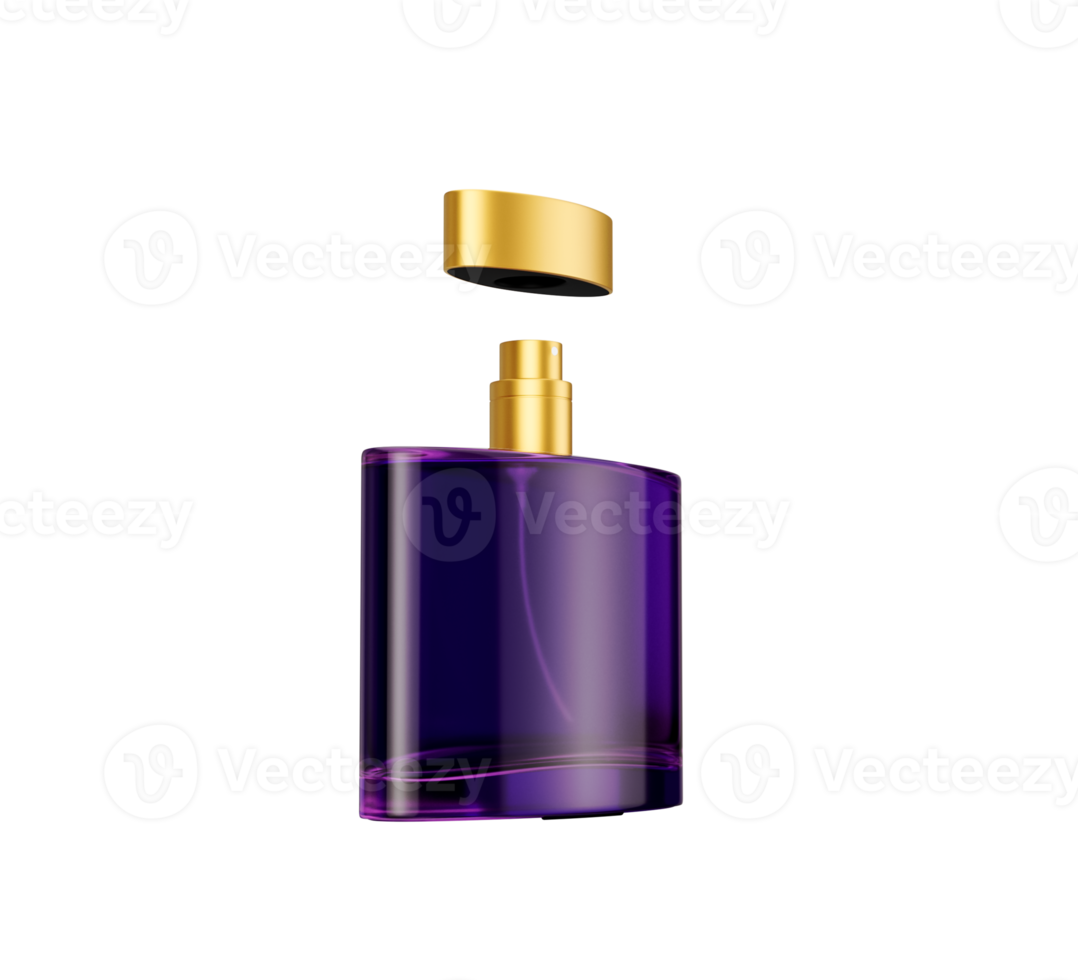 An Open Purple Crystal Clear Glass Perfume Bottle With A Shimmering Golden Cap 3D Illustration png