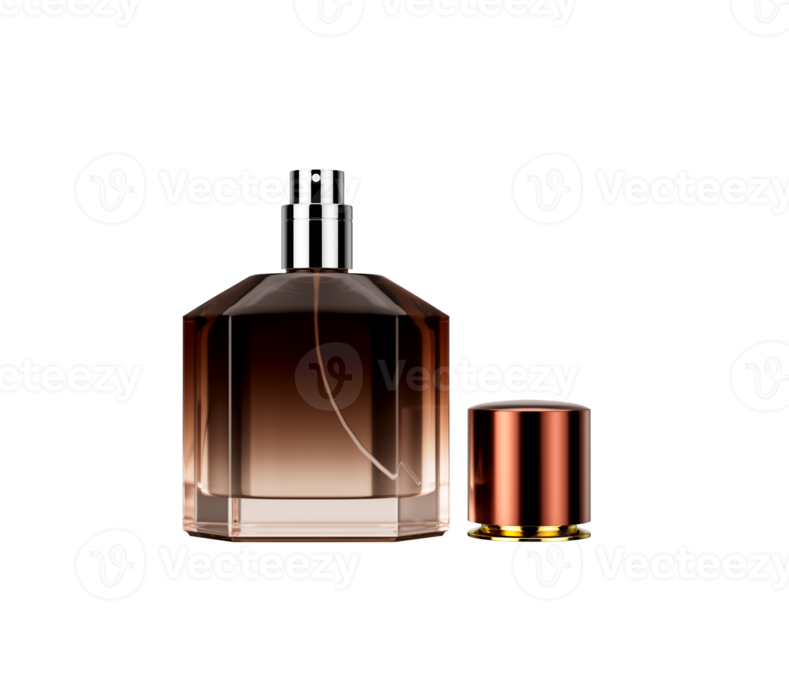 Elegant Amber Toned Crystal Glass Perfume Bottle With An Open Polished Copper Cap 3D Illustration png