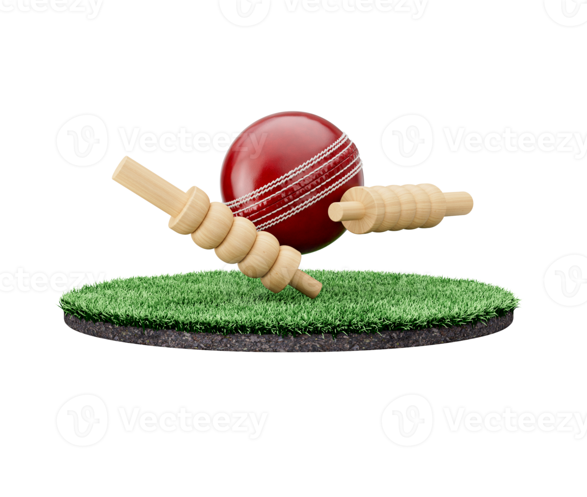 Red Leather Stitched Test Cricket Ball With Two Wicket Bails On Grass Ground Field 3D Illustration png