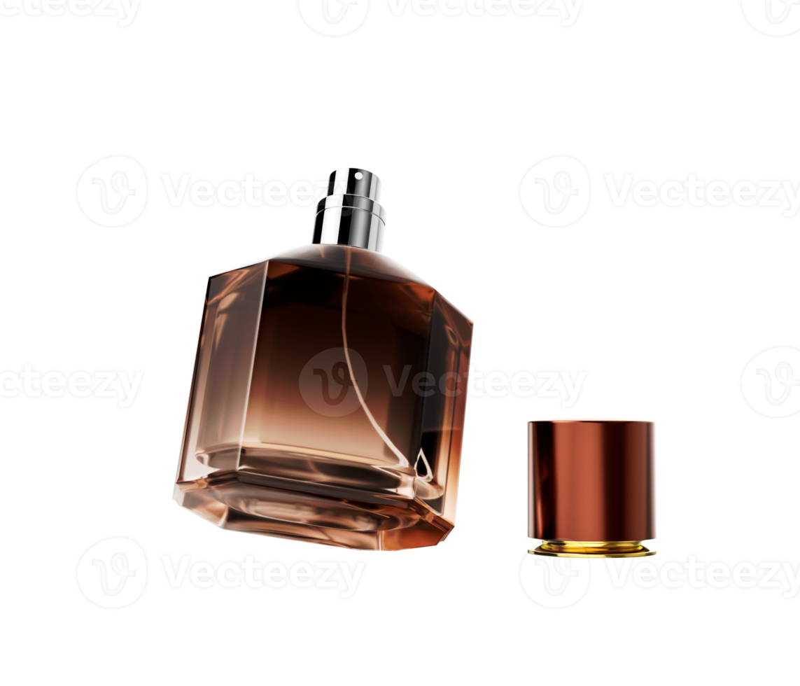 Elegant Amber Toned Crystal Glass Perfume Bottle With An Open Polished Copper Cap 3D Illustration png