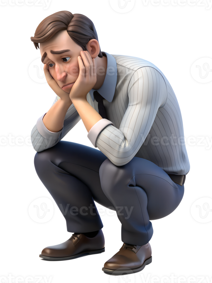 3d cute style illustration of A man in his late 30s, sitting with his head in his hands, his shoulders slumped forward. isolated on transparent background png