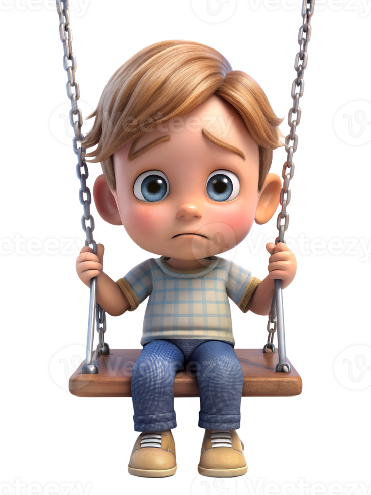 3d cute style illustration of A small child sits alone on a playground swing, tears glistening in their eyes. isolated on transparent background png