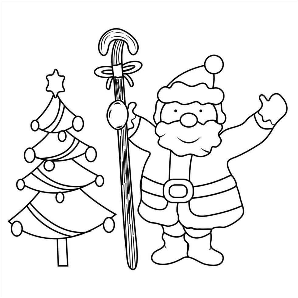 Coloring page of cartoon smiling cute Santa Claus with Christmas three Colorful illustration winter coloring book for kids vector