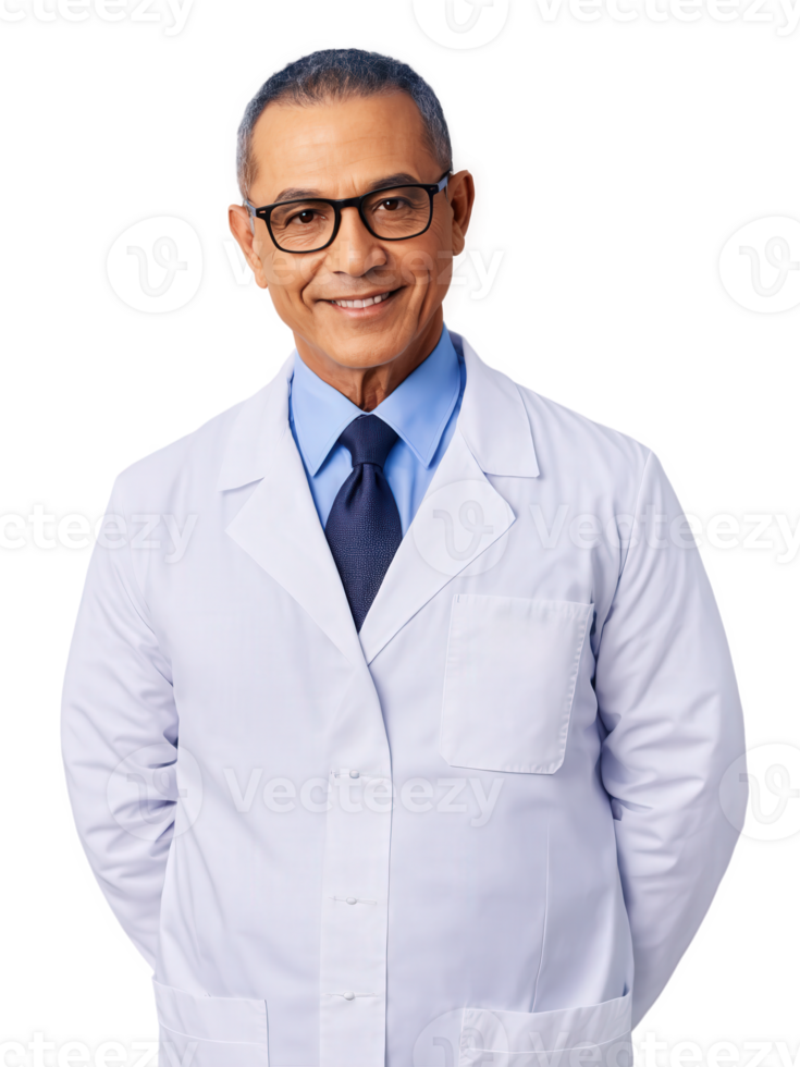 mixed ethnicity man aged 50 years old, wearing medical uniform, looking friendly with glasses, with buzz cut and black hair. png