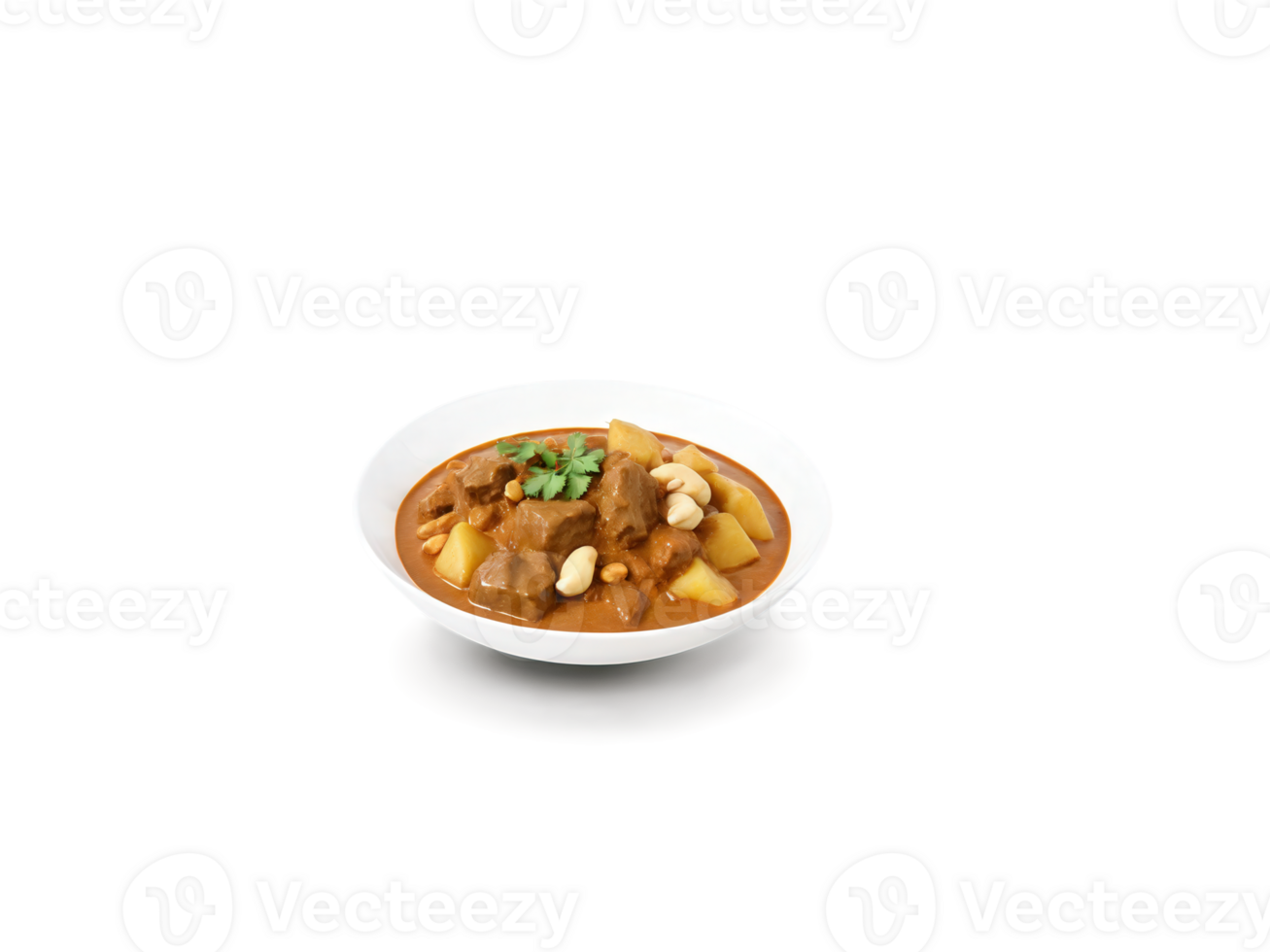 Mussaman curry with tender beef, potatoes, and peanuts, rich yellow, brown, and red tones, isolated on transparent png