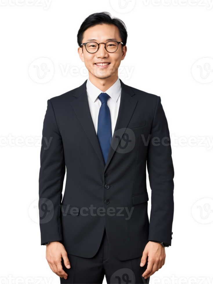 East Asian man in glasses, smiling confidently, business suit, focused gaze, isolated background. png