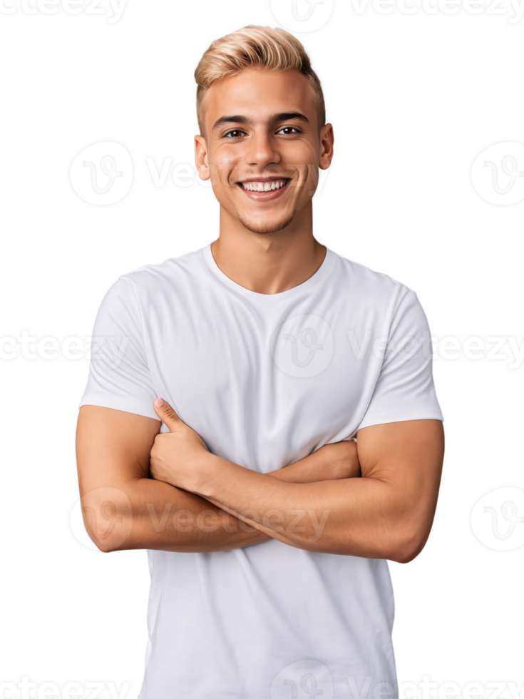 A Mixed race young adult man with blond short hair, brown eyes, wearing casual, showing happiness with a bright smile png