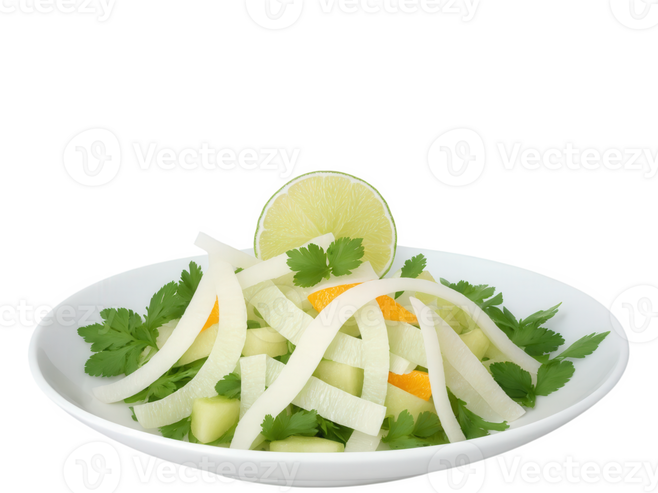 Jicama Salad Thinly sliced jicama mixed with orange segments, cilantro, and a squeeze of lime juice. The salad is crunchy, png