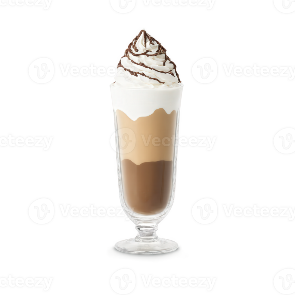 Mocha mousse parfait served in a tall glass, with alternating layers of velvety mocha mousse, crushed chocolate biscuits, png