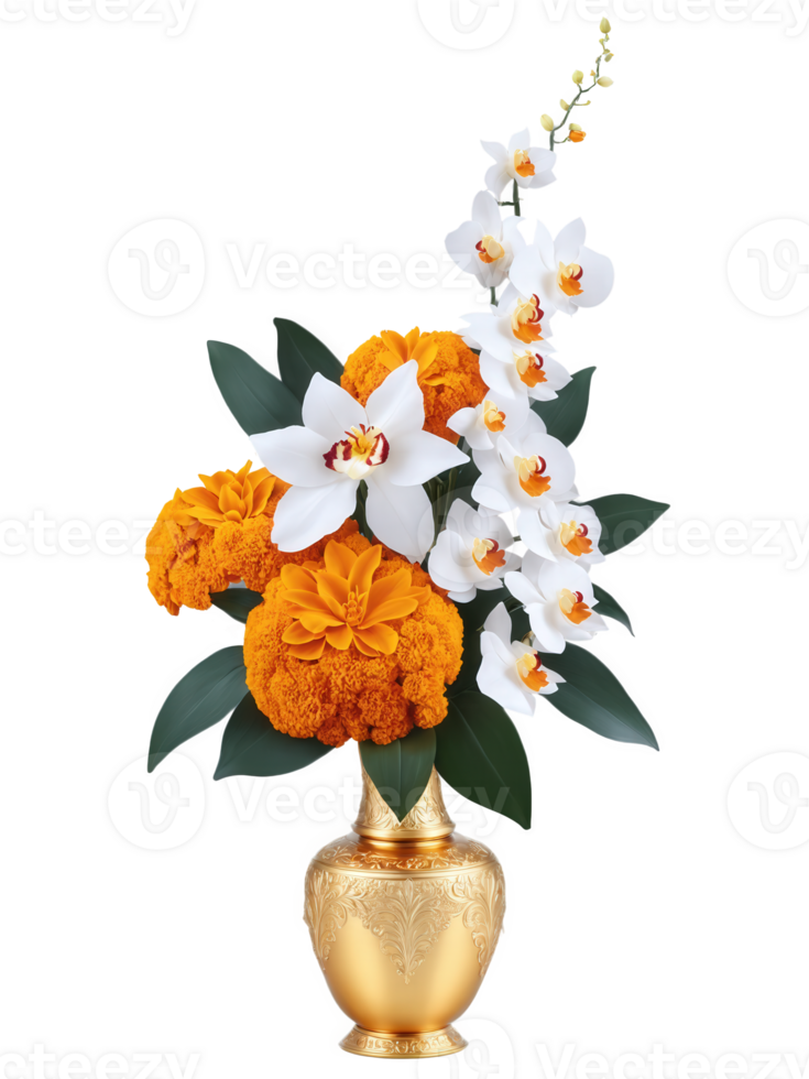 Diwali Light , Marigolds Orchids Jasmine rich, gold-tinted vase with deep amber water, holding a bright bouquet of orange png