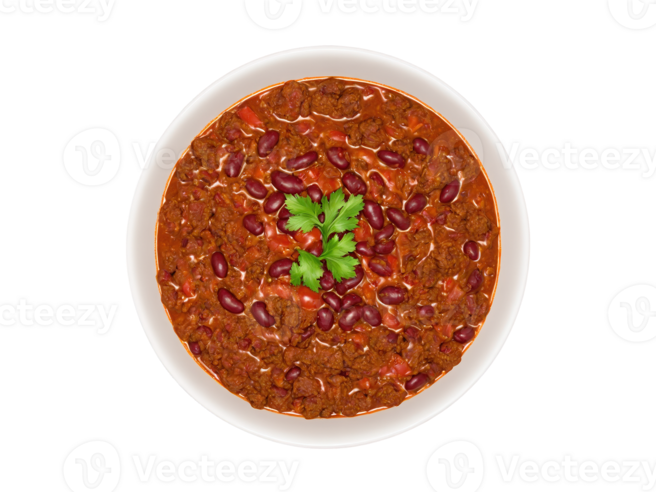 Hearty Chili with ground beef, kidney beans, and a rich tomato-based sauce, vibrant red, brown, and green hues, png