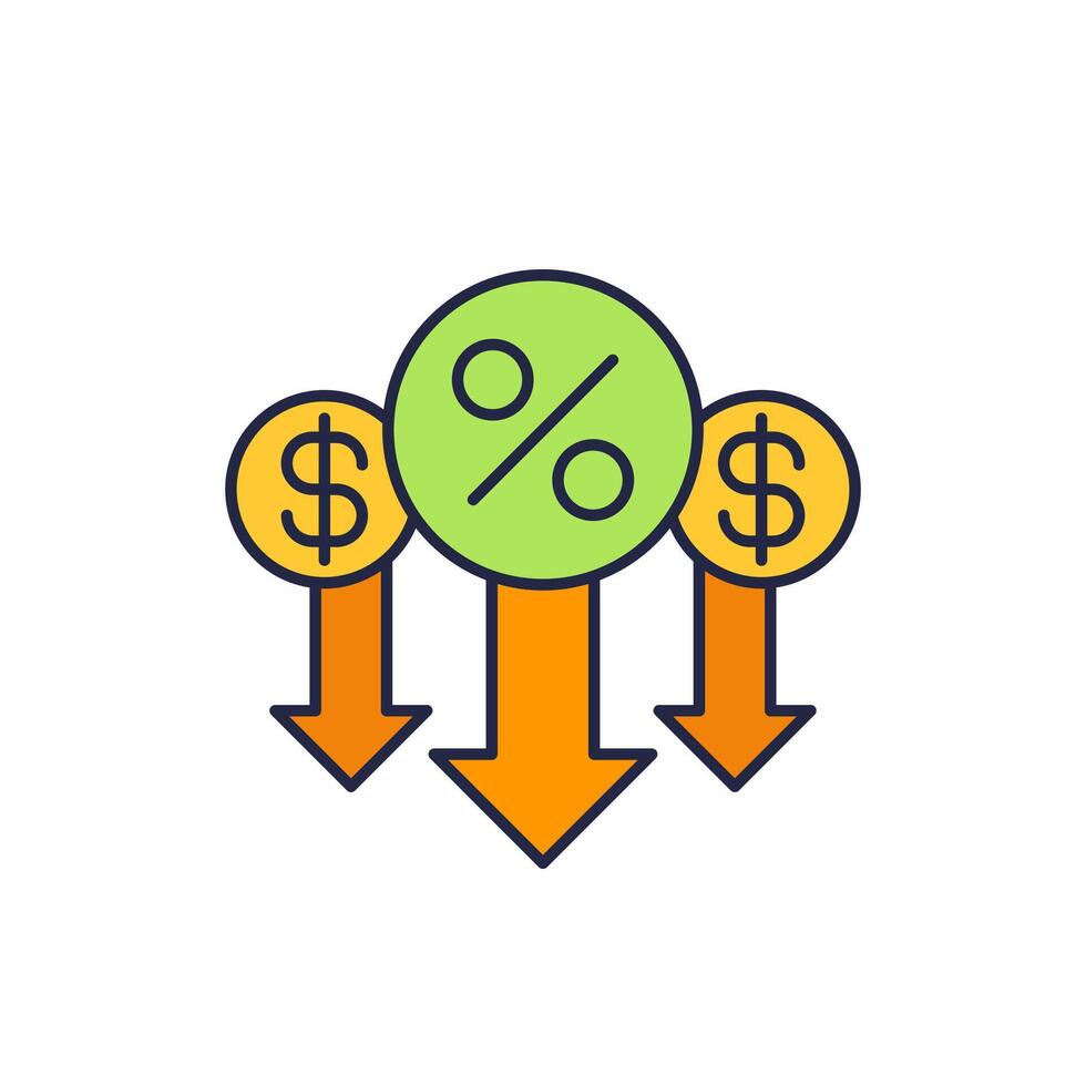 percent down, reduce interest rate icon vector