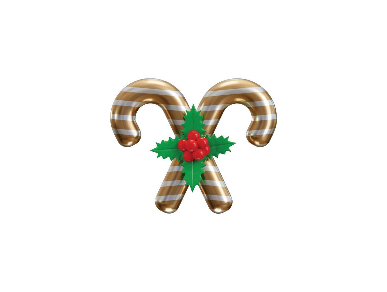 Christmas golden candy cane icon with holly berry leaves icon 3d rendering illustration vector