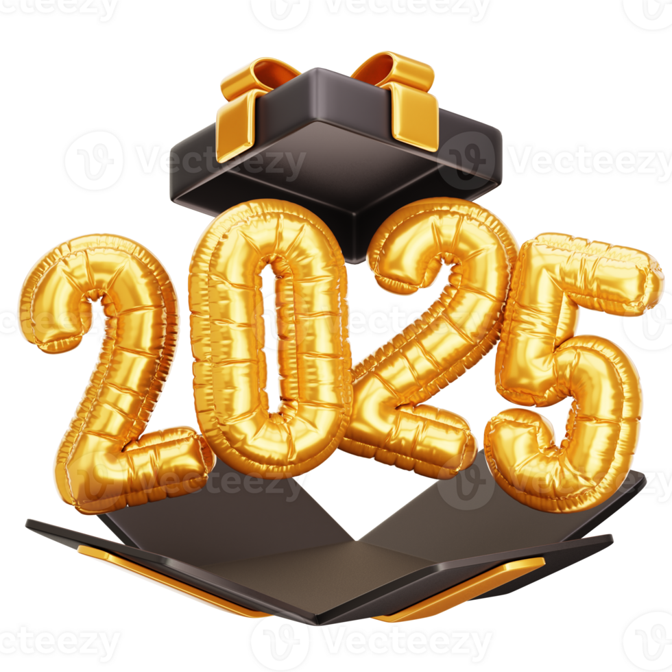 Gift Box with 2025 New Year Golden Balloon png