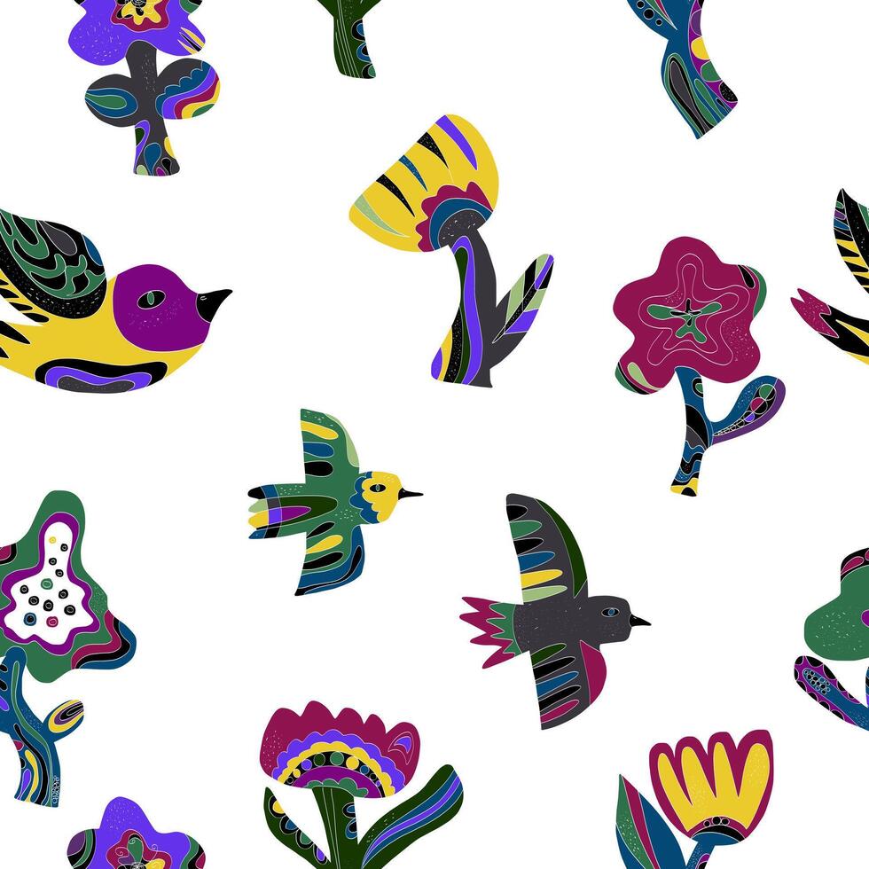 a pattern of colorful birds and flowers vector
