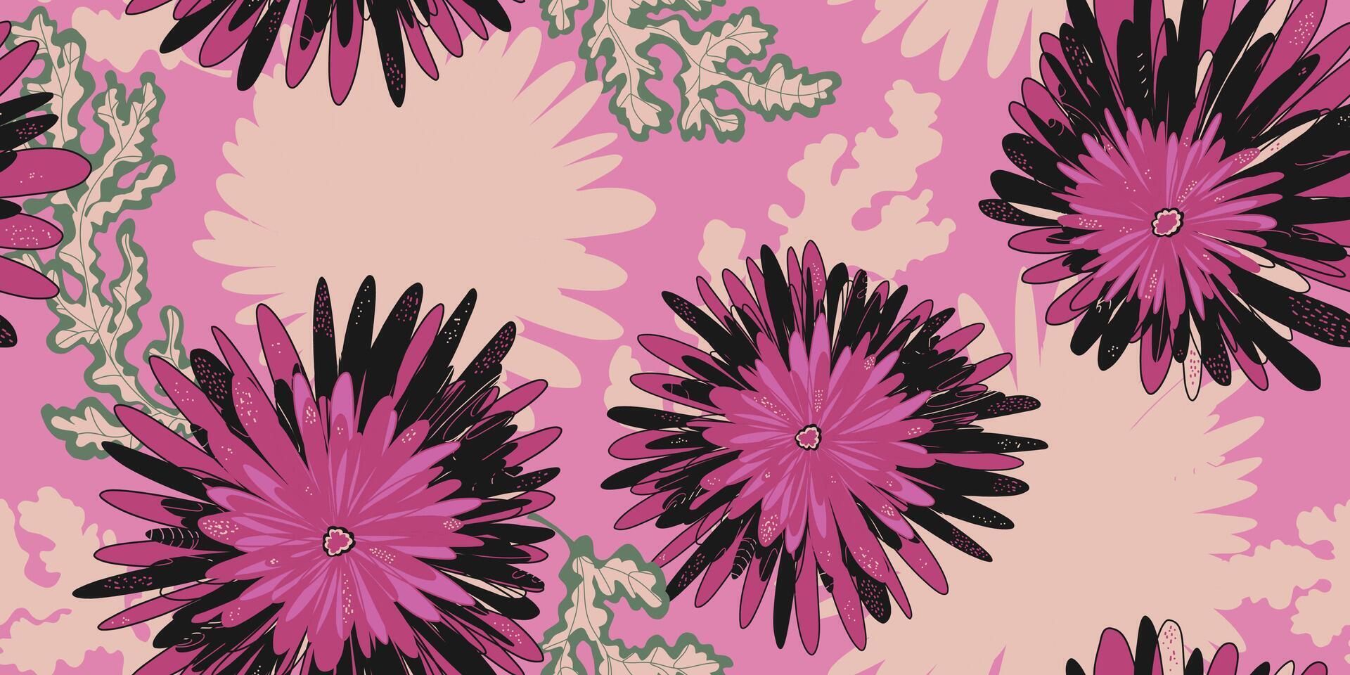 a pink and black floral pattern on a pink background vector