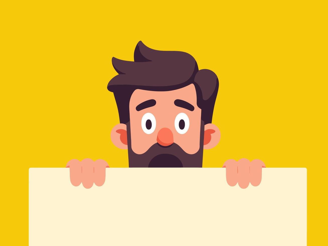 A man with surprised expression holding a blank poster on yellow background. vector