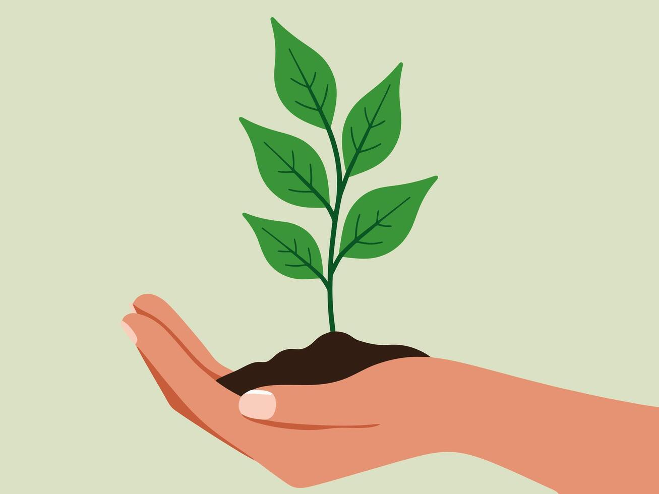 A caring human hand gently holding a young sapling, representing growth, responsibility, and commitment to nature. vector